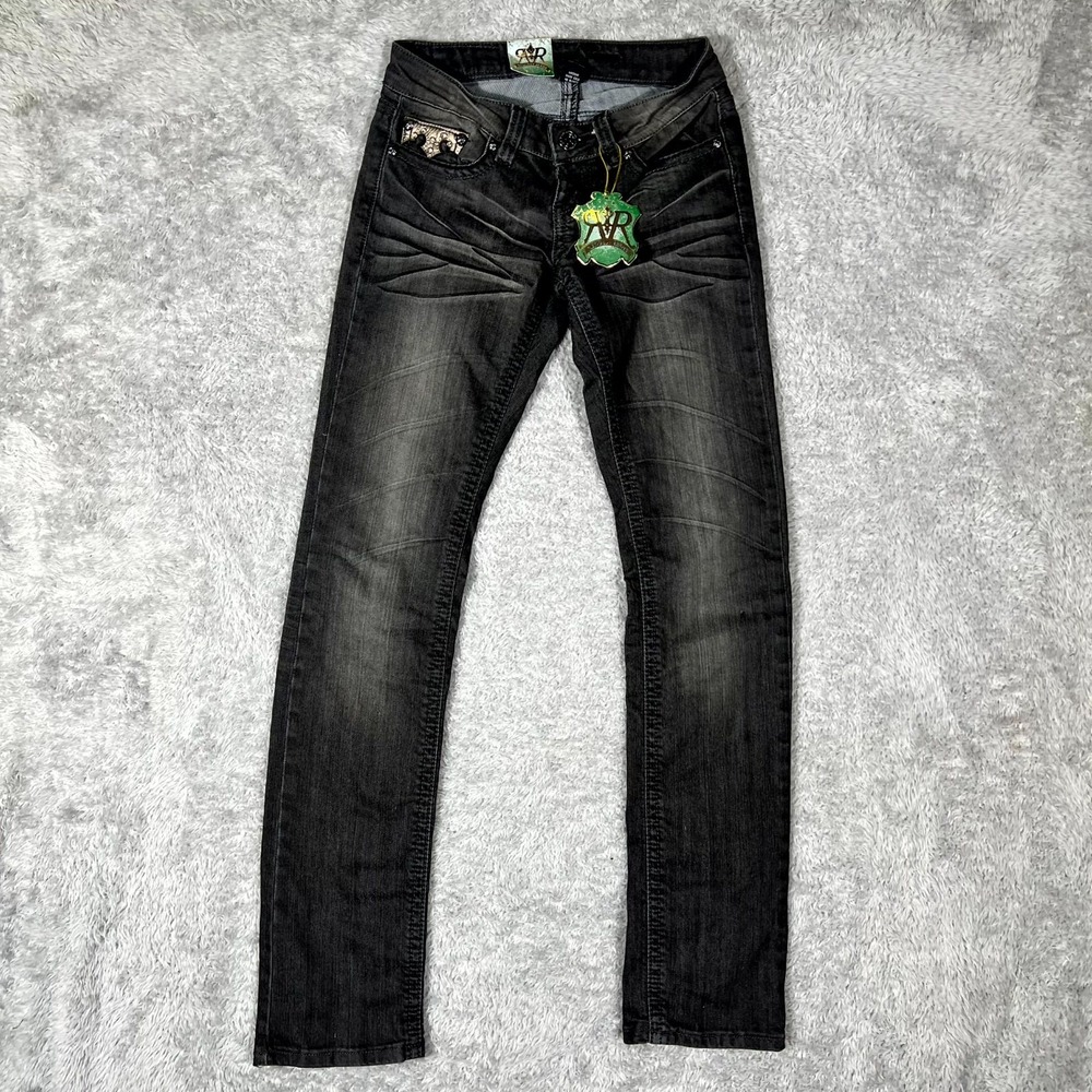Request‎ Jeans Womens 1X25 Black Denim Cotton Stretch Rhinestone Straight Leg